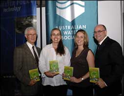 From left - Chris Davis (AWA Chief Executive Officer), Jane Stewart (Ollie's Mum), Corinne Cheeseman (Education Program Manager) and Darryl Day (outgoing AWA President) are proud to present the Ollie's island Program at the OzWater Conference.