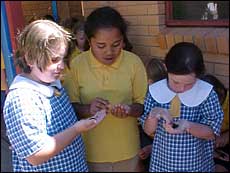 Three students holding worms