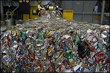 Bales of crushed cans, ready for recycling